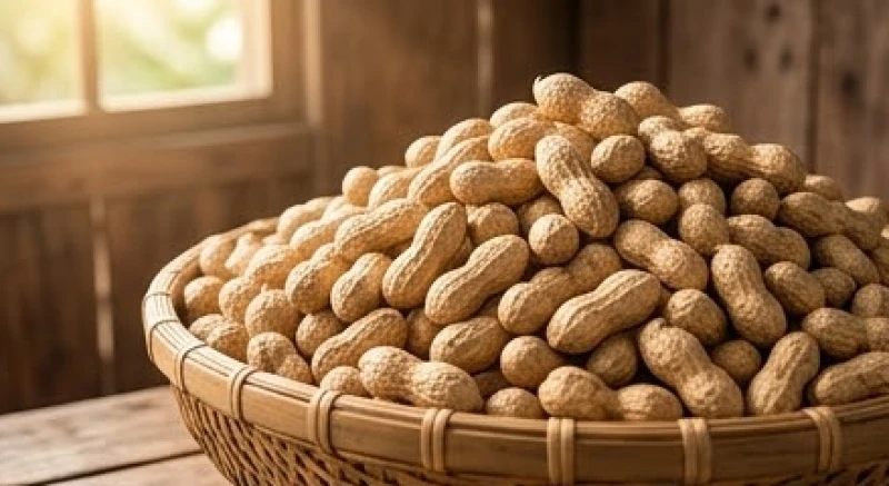 Những củ lạc tươi căng mẩy chất đầy trong thúng tre đại diện cho sự sung túc và may mắn