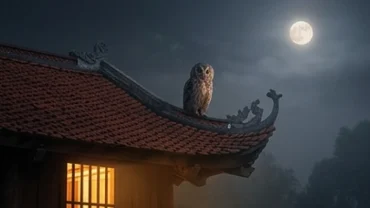 Khung cảnh chim cú mèo đậu trên mái nhà ngói âm dương ban đêm liên quan đến thắc mắc cú mèo kêu là điềm gì