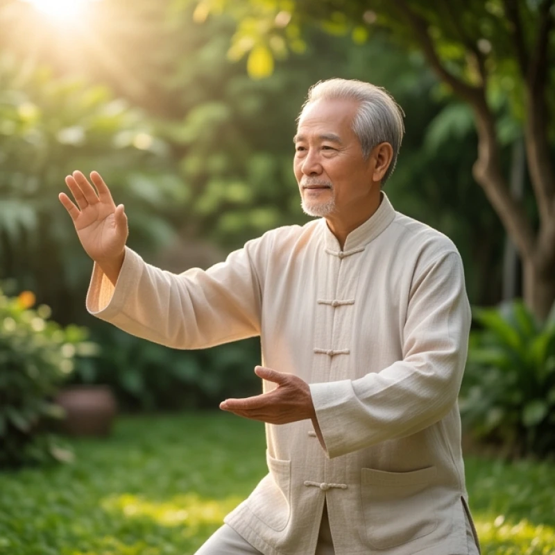 Tử vi trọn đời tuổi Bính Tuất 1946 nam mạng: Chi tiết hậu vận 2 Cụ ông minh mẫn đang thong thả tập dưỡng sinh trong không gian sân vườn ngập tràn ánh nắng ban mai