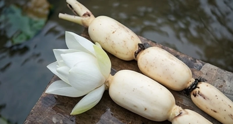Những đoạn ngó sen trắng ngần được rửa sạch lớp bùn lầy tượng trưng cho cội nguồn vững chắc và tiềm ẩn