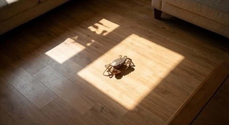 Một con cua đang bò ngang qua vạt nắng chói chang chiếu qua khung cửa sổ vào lúc giữa trưa