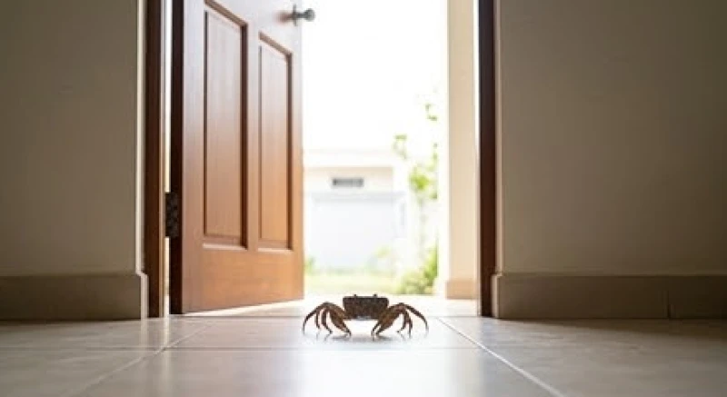 Một chú cua nhỏ xuất hiện ở khu vực gần cửa ra vào của một ngôi nhà vào ban ngày