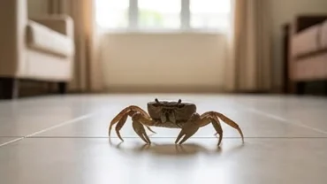 Một con cua đồng đang bò trên nền gạch men trong nhà, lý giải cua bò vào nhà là điềm gì theo phong thủy