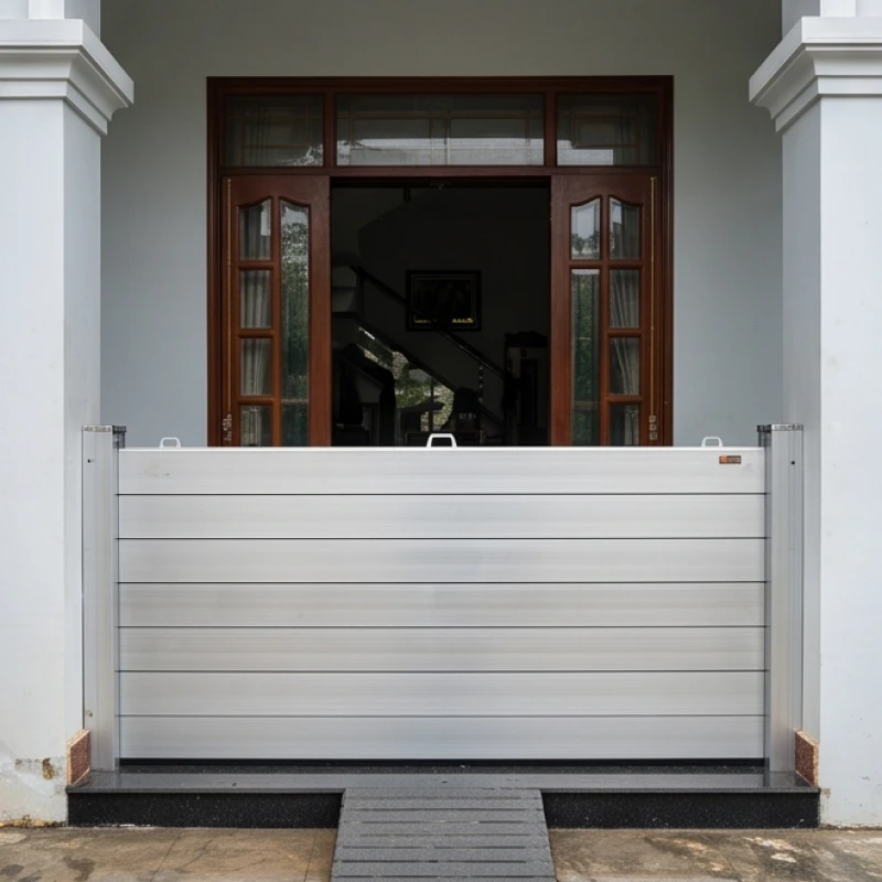 Lắp đặt tấm chắn nước cơ học bằng hợp kim nhôm tại cửa chính để chống nước tràn