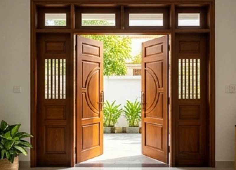 Cửa chính bằng gỗ lớn mở rộng đón ánh sáng tự nhiên và vượng khí vào nhà