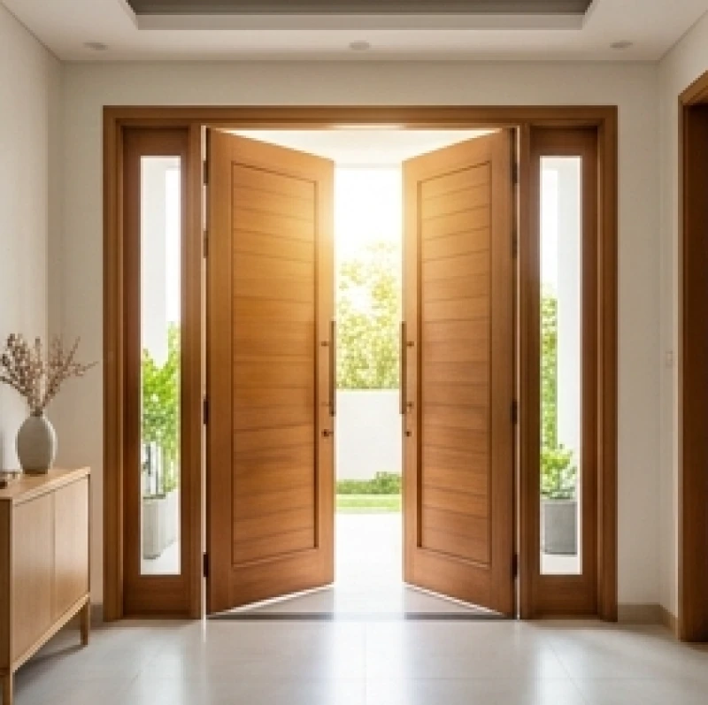 Cửa chính bằng gỗ lớn mở rộng đón luồng sinh khí ấm áp và ánh sáng tràn ngập vào sảnh nhà
