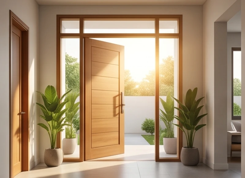 Tuổi Ngọ hợp hướng nào: quy tắc cho vợ chồng & kinh doanh 2 Cửa chính bằng gỗ lớn mở rộng đón ánh sáng tự nhiên tràn vào không gian sảnh