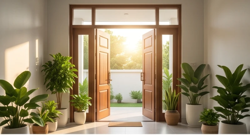 Không gian cửa chính mở rộng đón ánh sáng tự nhiên tượng trưng cho việc thu hút sinh khí vào nhà