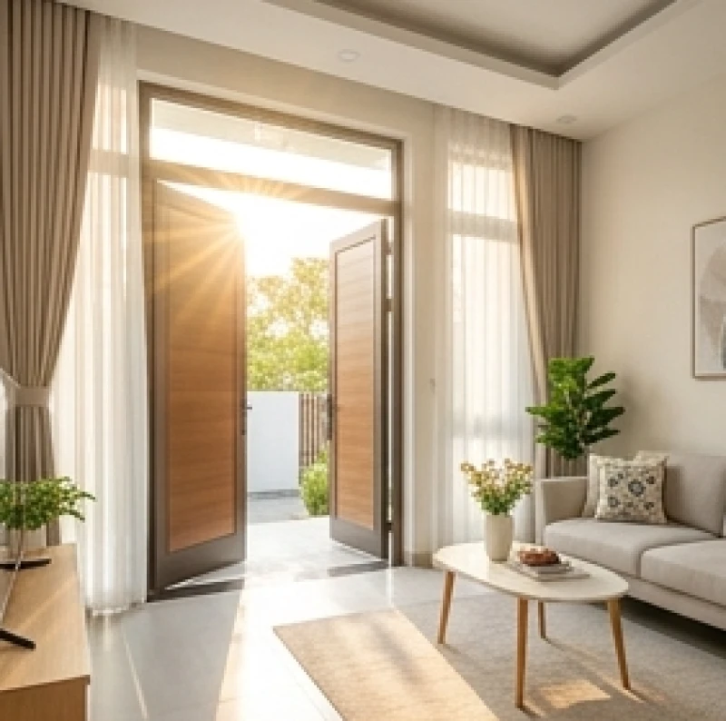 Luồng ánh sáng ban mai chiếu thẳng qua cửa chính rộng mở vào không gian phòng khách thiết kế tinh tế