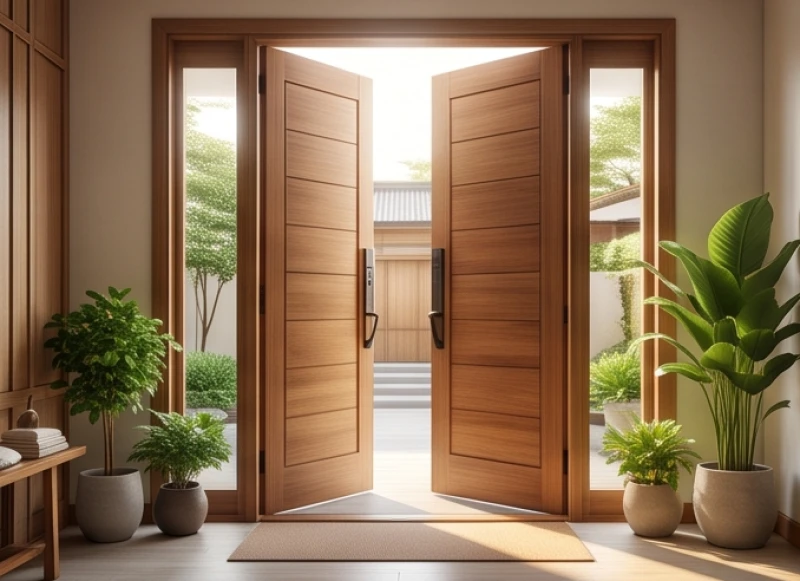 Cửa chính bằng gỗ mở rộng hướng ra khu vườn ngập nắng đón luồng sinh khí vào trong nhà