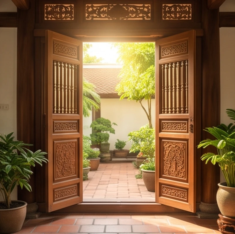 Tuổi Kỷ Hợi 1959: Tra cứu bản mệnh, hướng nhà và màu hợp 6 Cánh cửa chính bằng gỗ tự nhiên mở rộng đón luồng ánh sáng ban mai rực rỡ vào trong nhà