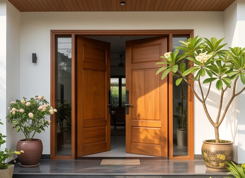 Cửa chính làm bằng gỗ tự nhiên mở ra đón ánh nắng ban mai rọi vào nhà từ hướng Đông Bắc