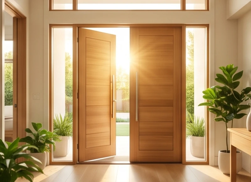 Nhâm Tuất 1982 Hợp Hướng Nào: Tra Nam Nữ & Cách Hóa Giải 5 Mặt tiền ngôi nhà có cánh cửa gỗ lớn mở rộng đón ánh sáng nắng sớm từ hướng Đông Nam mang năng lượng Sinh Khí