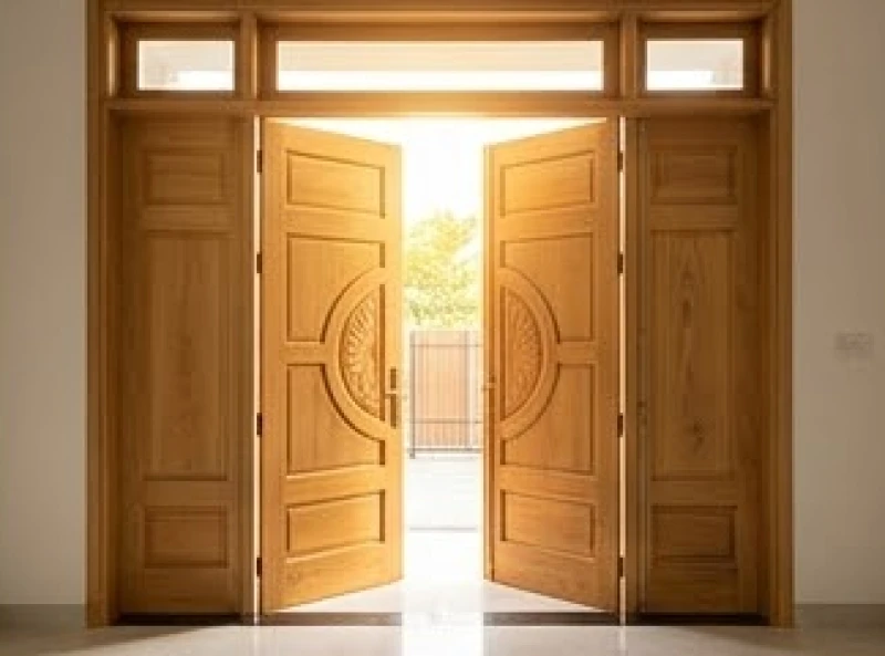 Cánh cửa chính bằng gỗ tự nhiên mở rộng đón ánh nắng rực rỡ từ hướng Đông Nam