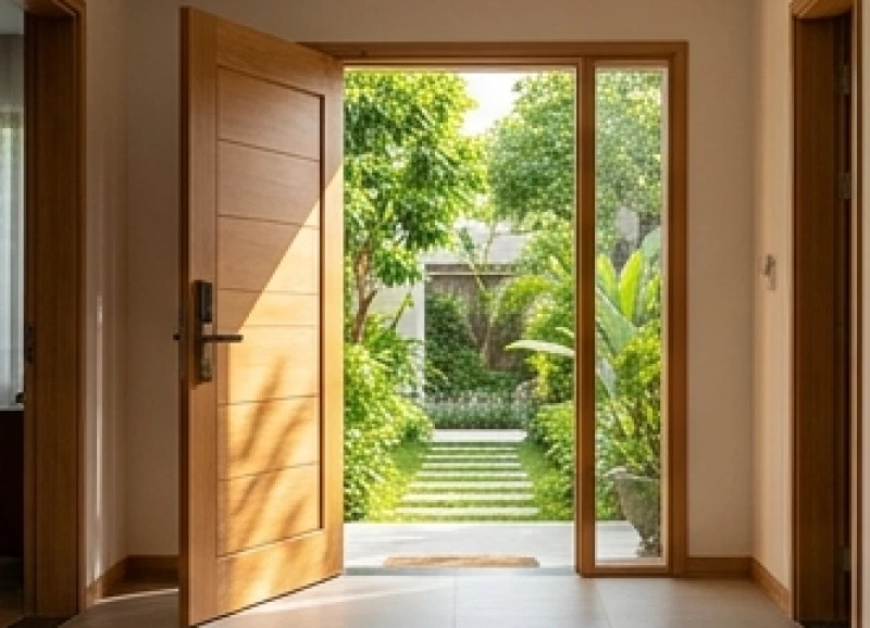 Cánh cửa chính bằng gỗ tự nhiên mở ra khoảng sân vườn ngập nắng đón năng lượng sinh khí