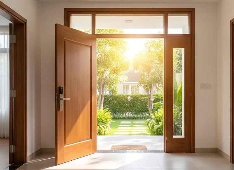 Thiết kế cửa chính bằng gỗ rộng rãi mở ra không gian đón nắng sáng tài lộc ở hướng Sinh Khí