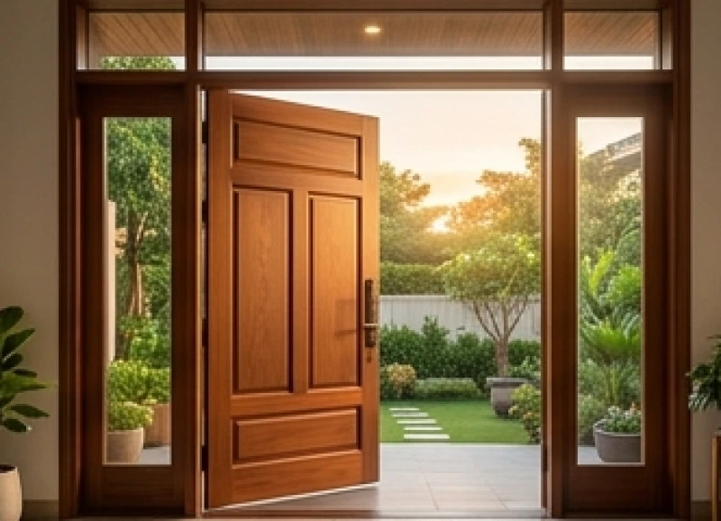Cửa chính bằng gỗ tự nhiên mở rộng đón ánh sáng mặt trời từ hướng Tây Nam mang lại sinh khí
