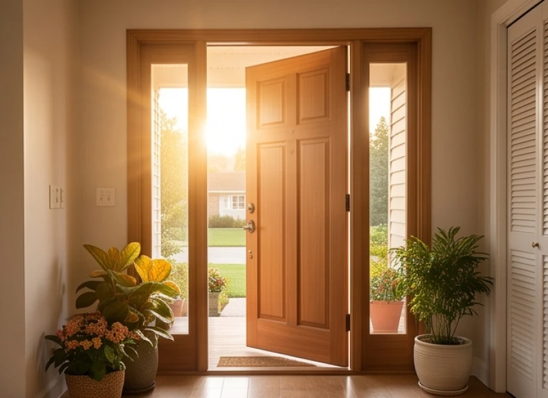 Không gian cửa chính của ngôi nhà mở rộng để đón nhận trọn vẹn luồng sinh khí tự nhiên