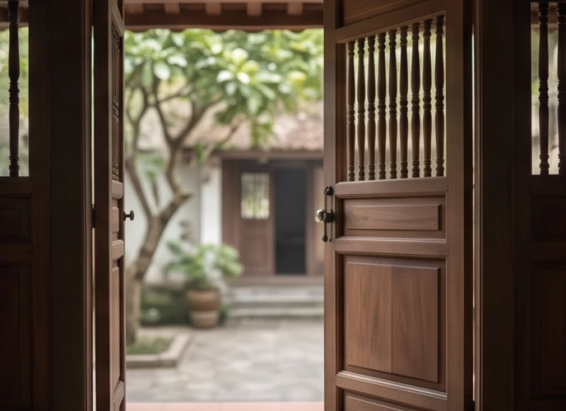 Khung cảnh hiên nhà và ngưỡng cửa chính bằng gỗ trong không gian sống thanh tịnh