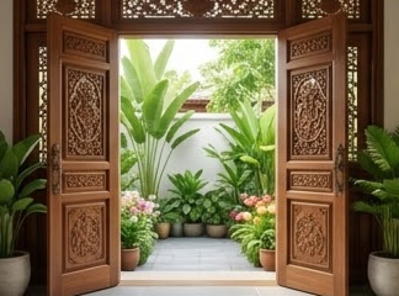 Cửa chính bằng gỗ tự nhiên mở rộng đón ánh sáng mặt trời thể hiện hướng nhà vượng khí trong phong thủy