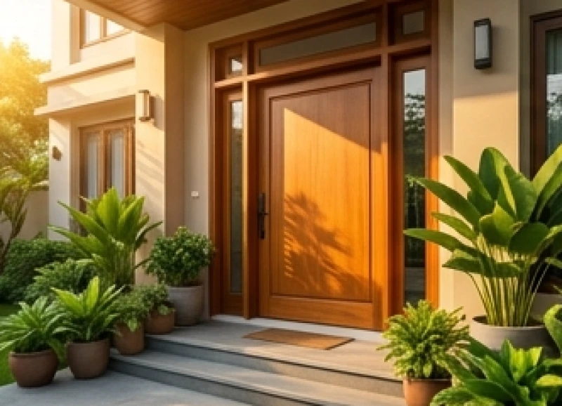 Lối vào cửa chính nhà phố được chiếu sáng rực rỡ mang đến cảm giác ấm áp vượng hỏa