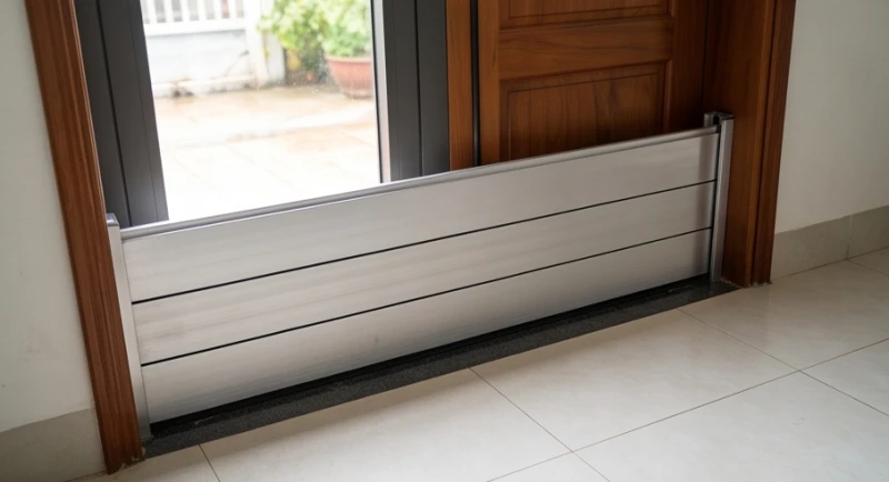 Nhà bị ngập là điềm gì: Phân tích theo nguồn nước & cách xả xui 3 Cửa chống tràn bằng hợp kim nhôm được lắp đặt tại khu vực cửa chính để ngăn nước mưa chảy vào nhà