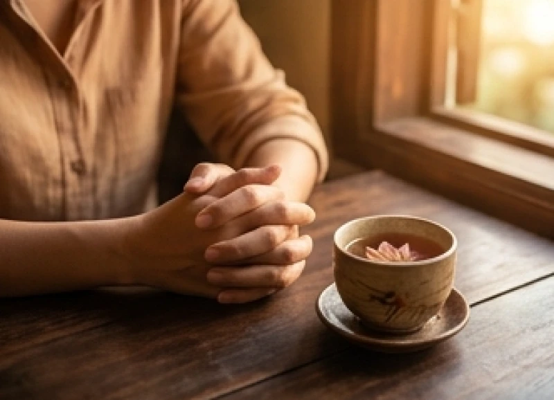 Đôi bàn tay chắp lại cầu bình an để xoa dịu nỗi buồn thất thoát tài sản vật chất trên bàn trà