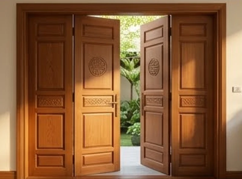 Cửa gỗ tự nhiên bốn cánh được chạm khắc hoa văn truyền thống mở ra khoảng sân vườn