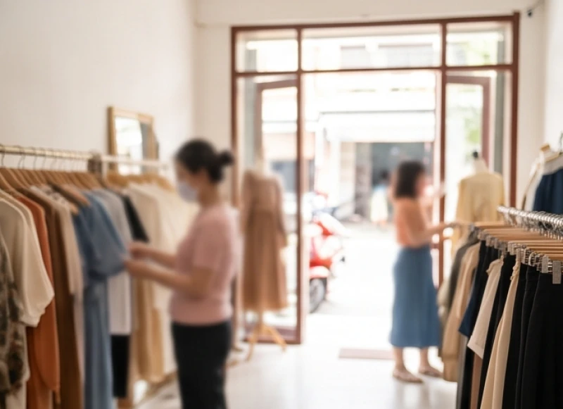 Cửa hàng quần áo thời trang tấp nập khách hàng ra vào chọn đồ sau khi chủ quán hoàn thành nghi thức cầu tài lộc