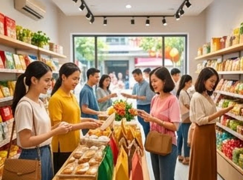 Không gian cửa hàng tấp nập khách ra vào mua sắm trong buổi sáng mở hàng đầu năm