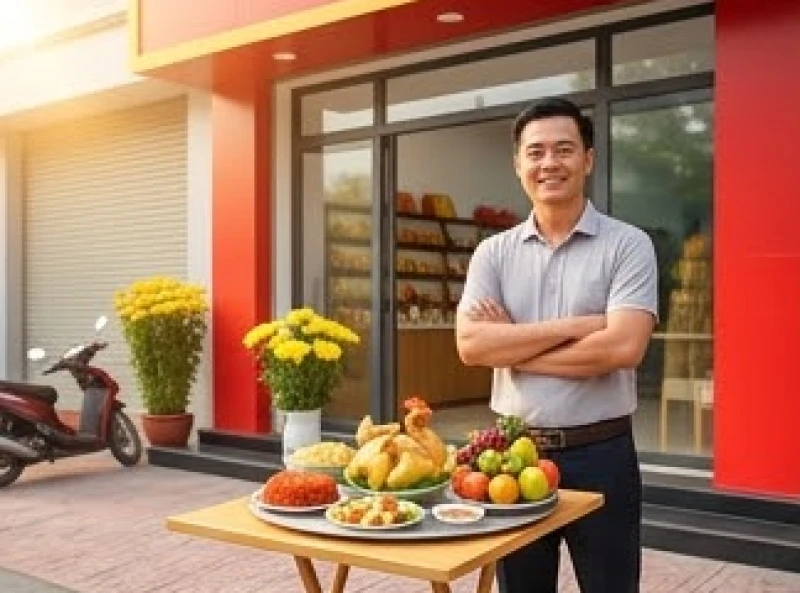 Chủ cửa hàng đứng trước mâm cúng khai trương đầu năm để thực hiện nghi thức đón tài lộc