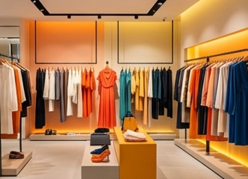 Tuổi Sửu hợp kinh doanh gì: Mặt hàng bán lẻ và hướng cửa hàng 7 Shop thời trang hiện đại với các giá treo quần áo sang trọng được chiếu sáng rực rỡ bởi hệ thống đèn vàng ấm áp