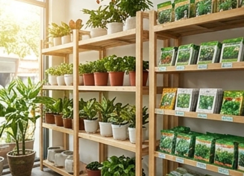 Kệ trưng bày phân bón và hạt giống khoa học tại cửa hàng vật tư nông nghiệp