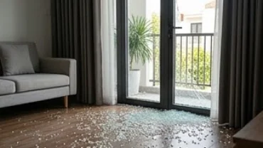Cánh cửa kính cường lực bị vỡ vụn trong không gian phòng khách gợi sự tò mò về việc cửa kính vỡ là điềm gì