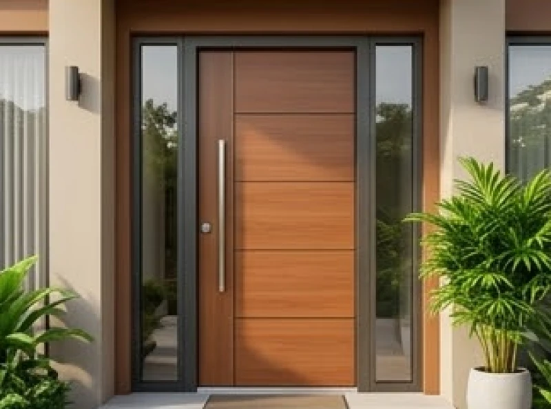 Cửa thép vân gỗ màu nâu đất phối cùng cây xanh phong thủy phù hợp với mệnh Thổ