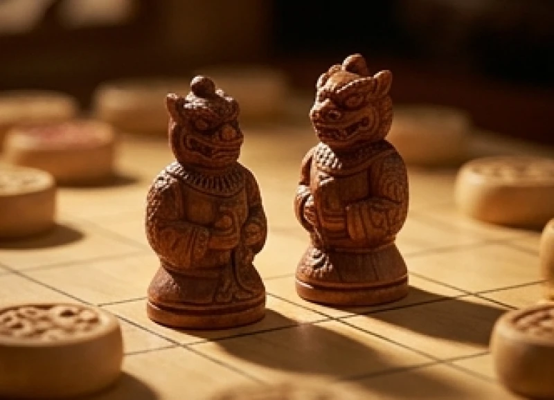 Hai quân cờ bằng gỗ trên bàn cờ tướng đang ở thế đối đầu minh họa cho cục diện Lục Hại
