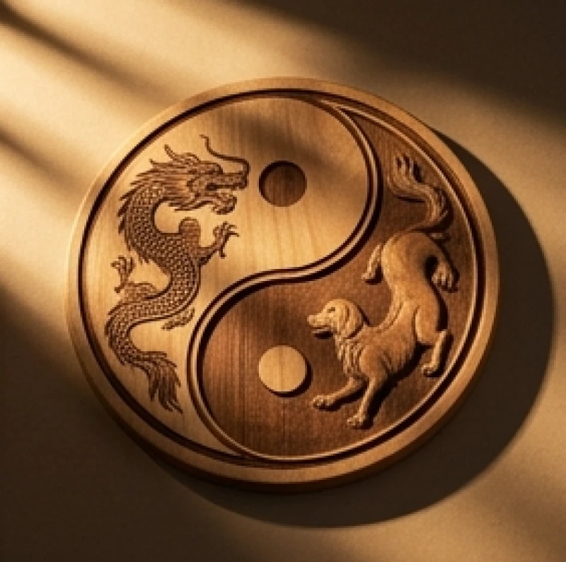 Tứ hành xung tuổi Tuất: Đối chiếu Can Chi và quy tắc hóa giải 3 Sơ đồ âm dương bằng gỗ khắc hình rồng và chó soi bóng đối xứng nhau thể hiện sự đối đầu trực tiếp