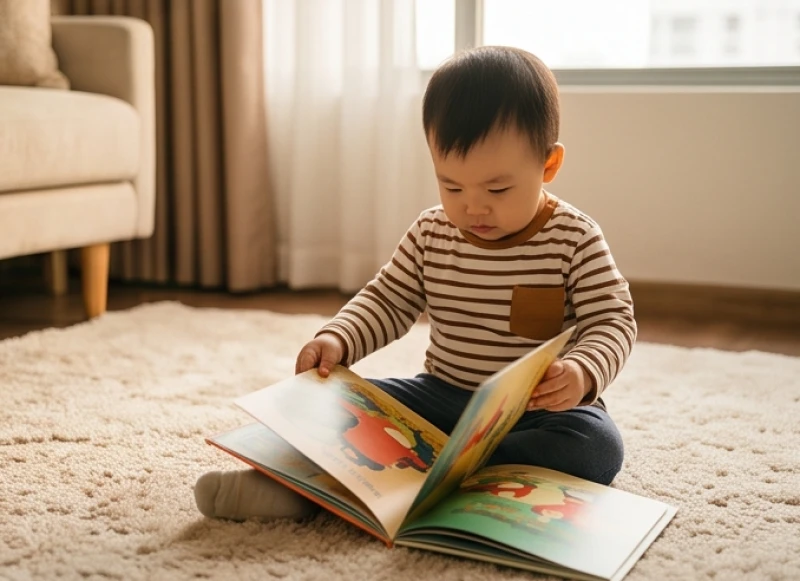 Đứa trẻ thông minh đang say sưa đọc sách thể hiện trí tuệ nhạy bén của em bé chào đời vào giờ Tý đại cát