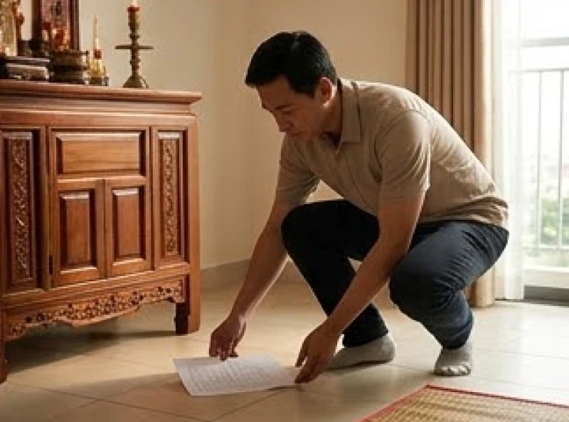 Không thuộc văn khấn có được đọc từ giấy không: Quy tắc chuẩn 10 Người đàn ông chùng gối hạ thấp trọng tâm, dùng hai tay cẩn thận nhặt lại tờ giấy bài khấn bị rơi