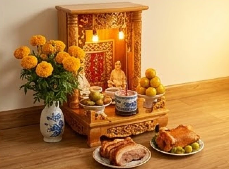 Mâm cúng mặn với heo quay tươm tất dâng lên ban Thần Tài Thổ Địa