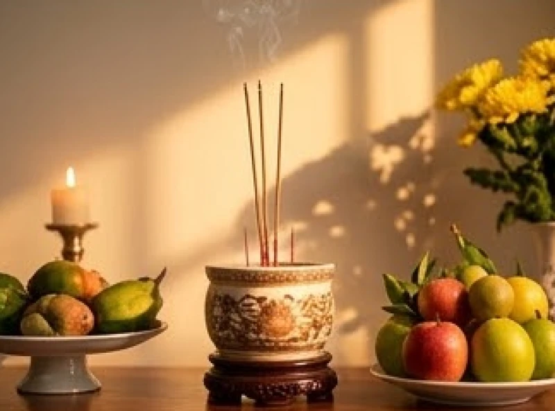 Mâm lễ nhỏ được sắp xếp gọn gàng trên ban thờ Thần linh khi ánh chiều tà vừa buông xuống nhưng trời vẫn chưa tối hẳn