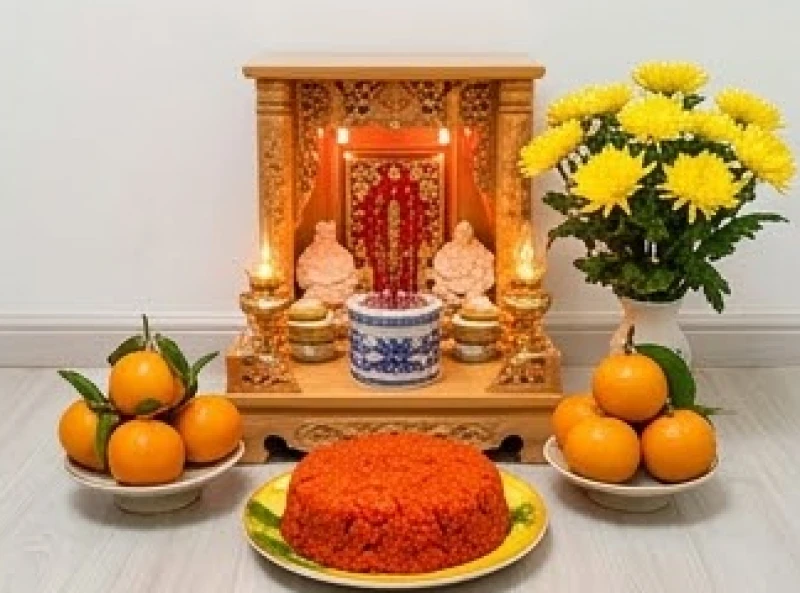 Văn khấn Tết Đoan Ngọ mùng 5 tháng 5: Bài cúng chuẩn nghi lễ 8 Ban thờ Thần Tài Thổ Địa được lau dọn sạch sẽ và bày biện đĩa xôi gấc cùng hoa tươi