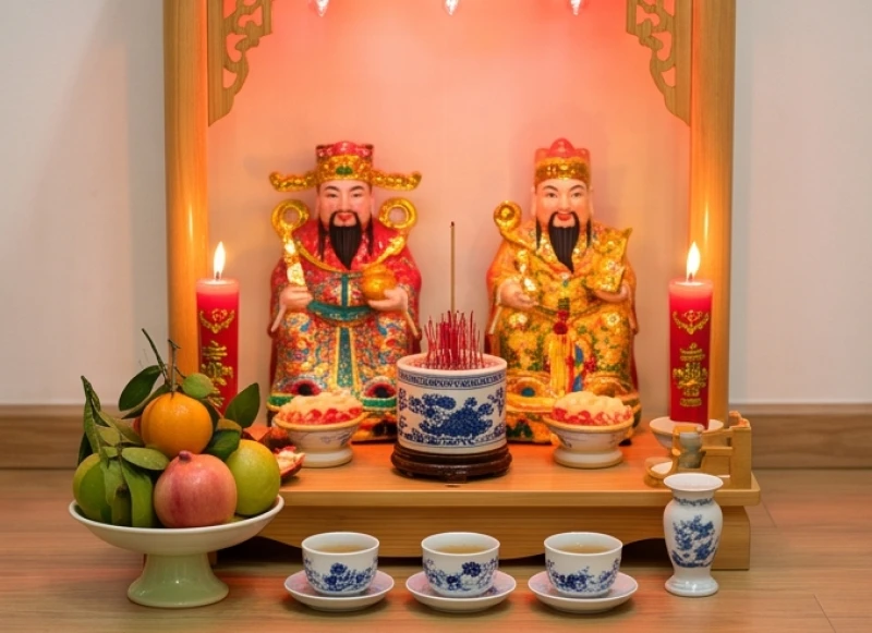 Ban thờ Thần Tài Thổ Địa được dâng lễ vật và nhang đèn sáng rực vào ngày mùng 3 Tết để cầu tài lộc