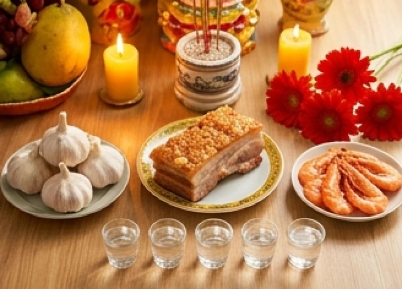 Ban thờ Thần Tài rực rỡ với đĩa tỏi tươi, bộ tam sên và hoa đồng tiền chiêu lộc