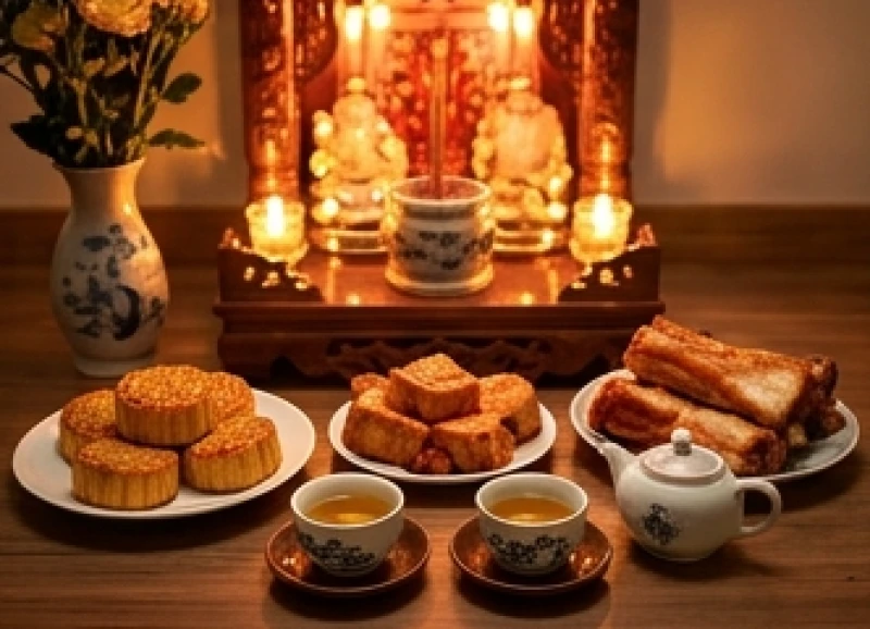 Mâm lễ cúng ban Thần Tài dịp rằm tháng Tám cầu mong tài lộc buôn bán