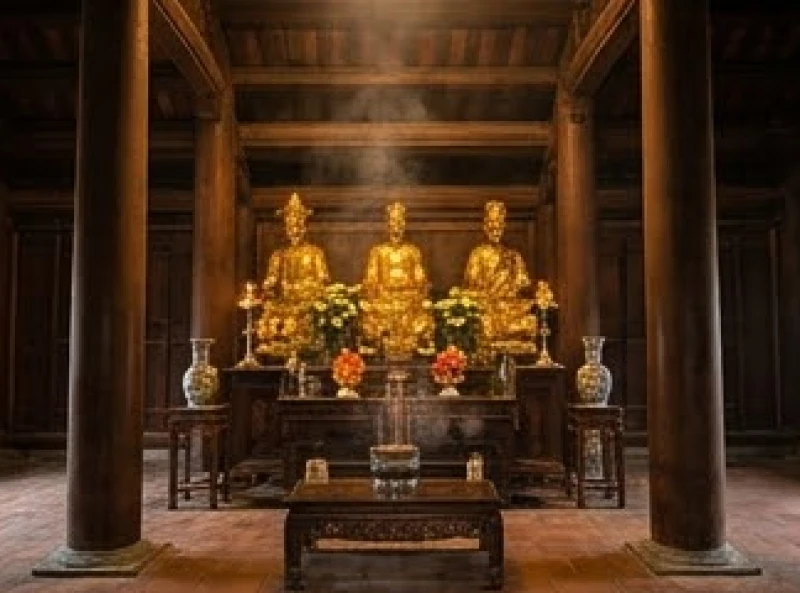Không gian tĩnh lặng và trang nghiêm bên trong cung cấm đền Thiên Trường nơi thờ 14 vị vua Trần