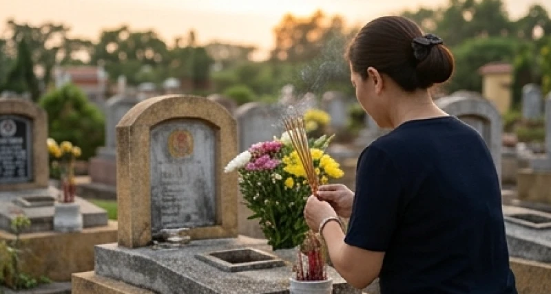 Văn khấn ngày giỗ chị gái: Mẫu điền sẵn chuẩn xưng hô 1 Người thân thắp hương và dâng hoa tươi cúng cáo ngoài mộ chị gái vào ngày Tiên Thường