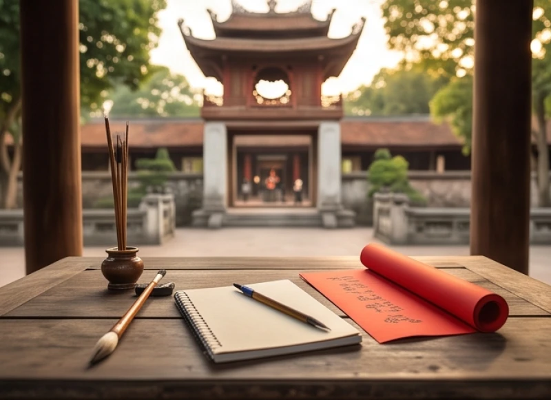 Mâm lễ chay dâng tại Văn Miếu Quốc Tử Giám gồm sách vở, bút lông và sớ cầu danh