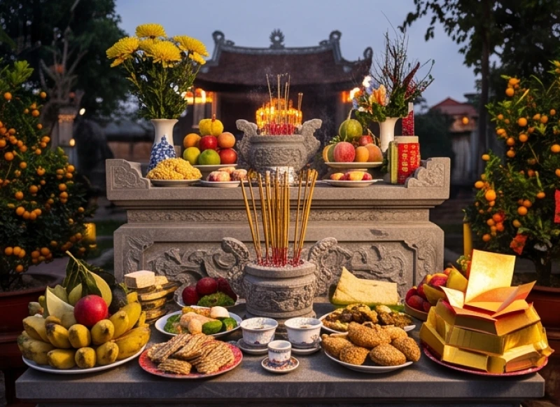 Mâm lễ tạ ơn chiều 30 Tết được chuẩn bị chu đáo để dâng lên Hoàng Thiên Hậu Thổ tại cây hương