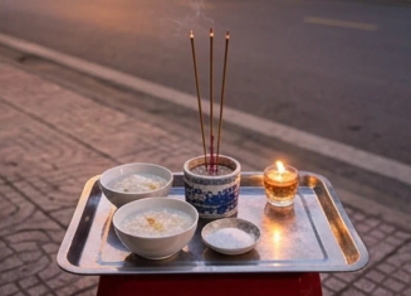 Mâm cúng cô hồn được bày biện ngoài trời vào lúc chạng vạng tối với cháo loãng và nhang đèn